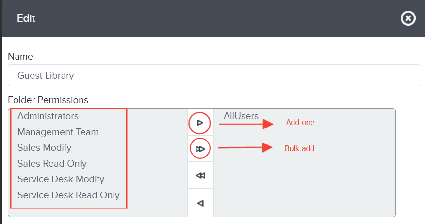 <i><b>Note:</b> This grants the group access to the folder. You can add one group or multiple groups at once.</i>